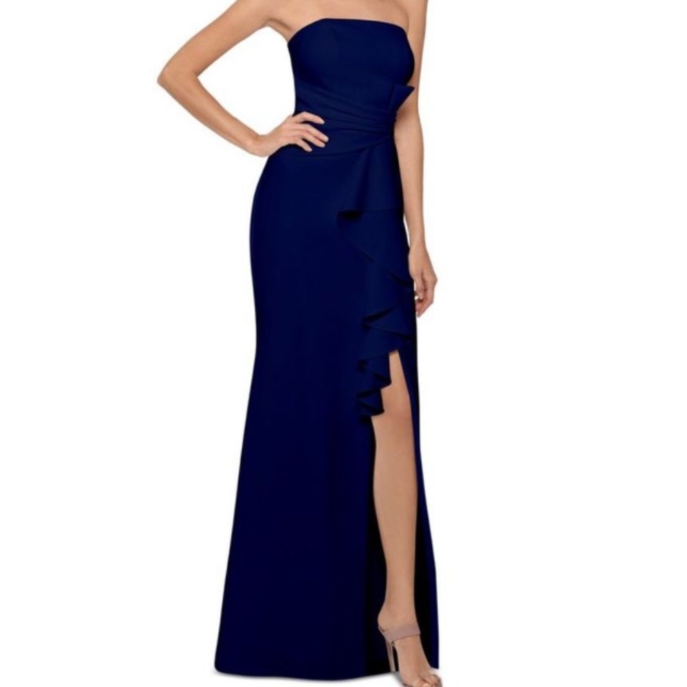 NWT Betsy & Adam BLACKRuffle Cascade Front Scuba Trumpet Strapless Dress-Size 12 - Picture 1 of 10